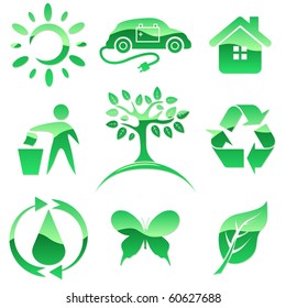 Glossy green vector icons. Nature protection symbols.