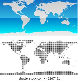 Glossy and halftone world map. Vector.