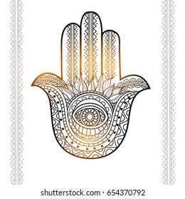 Glossy hand drawn illustration of Hamsa Hand with ethnic ornamental pattern, Creative Boho style element.