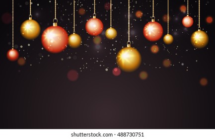 Glossy hanging xmas balls decorated background for Merry Christmas celebration.