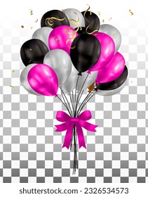 Glossy Happy Birthday Concept with Balloons isolated on transparent background. Vector Illustration , white,black, pink