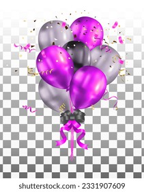 Glossy Happy Birthday Concept with Balloons isolated on transparent background. Vector Illustration, purple,white, black,