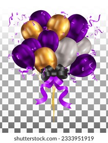 Glossy Happy Birthday Concept with Balloons isolated on transparent background. Vector Illustration white purple gold