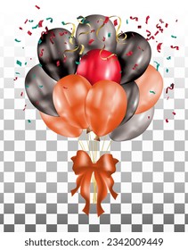 Glossy Happy Birthday Concept with Balloons isolated on transparent background. Vector Illustration , orange, black, red,