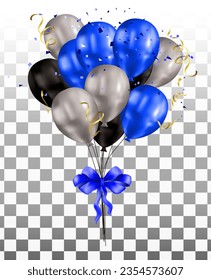 Glossy Happy Birthday Concept con globos aislados en un fondo transparente. Vector Ilustración azul blanco