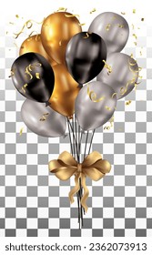 Glossy Happy Birthday Concept with Balloons isolated on transparent background. Vector Illustration, white, golden, black