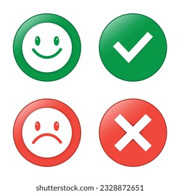 Glossy Happy And Sad Faces, True And False Check Mark, Tick And Cross, Yes And No Check Marks On Circle, Green And Red Color For Good Mood And Bad Mood Emoticon Vector Illustration