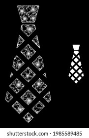 Glossy hatched checkered tie with glowing spots. Wire carcass flat mesh generated with crossed white lines and checkered tie icon.
