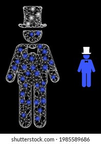 Glossy hatched gentleman with light spots. Linear frame 2D mesh generated from intersected white lines and gentleman icon. White mesh and sparkle frame mesh gentleman on a black background.
