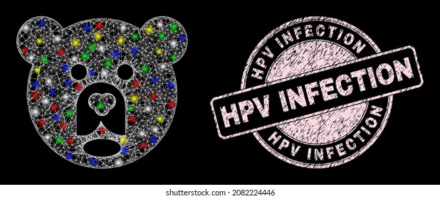 Icono de la cabeza del oso de malla brillante con efecto de resplandor en un fondo negro con sello de goma de Infección de Hpv. La marca rosa incluye la etiqueta de infección por Vph dentro de la forma redonda.