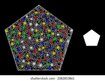 Glossy hatched mesh pentagon icon with glitter effect on a black background. Bright multicolored vector structure created from pentagon icon, with white mesh and multicolored light spots.