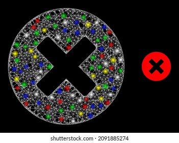 Glossy hatched mesh reject icon with glow effect on a dark background. Illuminated multi colored vector constellation created from reject icon, with white mesh and colored light dots.