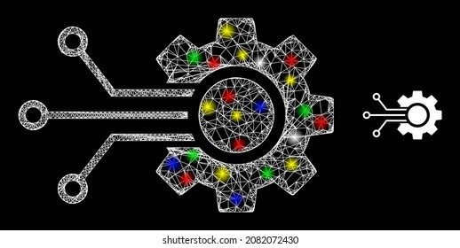 Glossy hatched mesh smart gear connection icon with glow effect on a dark background. Light multicolored vector mesh is created from smart gear connection icon,