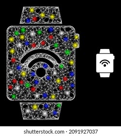 Glossy hatched mesh smart watches icon with glow effect on a black background. Bright multicolored vector mesh created from smart watches icon, with white mesh and vibrant light dots.