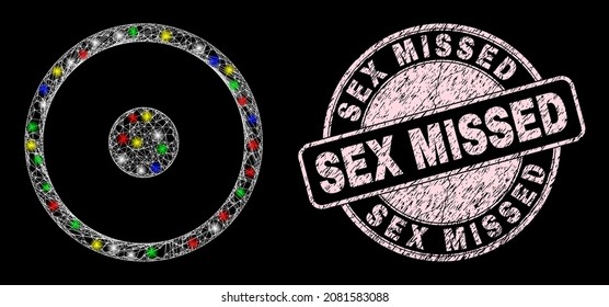 Glossy hatched net circle center icon with glow effect on a black background, and Sex Missed rubber seal imitation. Pink stamp seal includes Sex Missed title inside circle shape.