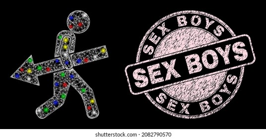 Icono de la flecha de la malla de la red con un brillante efecto sobre el fondo negro, y sello de sello corroido de los Sex Boys. El sello de sello rosado incluye la etiqueta Sex Boys en forma redonda.