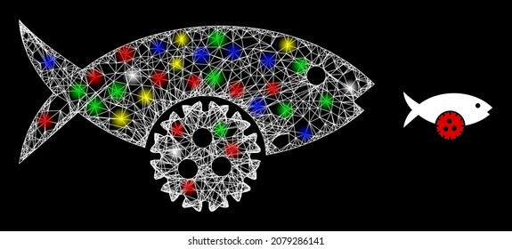 Glossy hatched net mesh fish virus icon with glow effect on a black background. Bright multicolored vector constellation is created from fish virus symbol, with white mesh and bright lightspots.