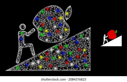 Hombre de malla de red con un brillante eclosionamiento de manzana con efecto de brillo en un fondo negro. Estructura vectorial multicolor ligera creada a partir del icono de la manzana rodante del hombre,