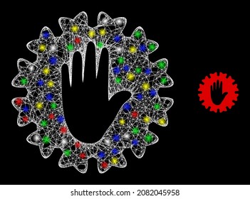 Glossy hatched net mesh stop hand coronavirus icon with glow effect on a black background. Illuminated colorful vector constellation is created from stop hand coronavirus icon,