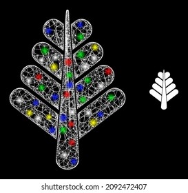 Icono de la planta de malla de red con efecto de brillo en un fondo oscuro. La estructura vectorial multicolor brillante se crea a partir de un icono de planta de árbol, con malla blanca y puntos de luz brillantes.