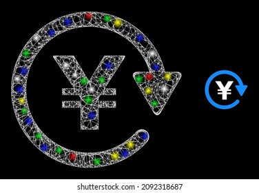 Glossy hatched net mesh yen pay again icon with glare effect on a dark background. Illuminated multi colored vector mesh is created from yen pay again symbol, with white mesh and colored light spots.
