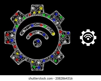 Glossy hatched net Wi-Fi gear icon with glitter effect on a black background. Bright colorful vector mesh created from Wi-Fi gear symbol, with white mesh and glitter light spots.