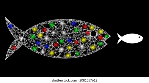 Glossy hatched network fish icon with glare effect on a dark background. Light multicolored vector mesh created from fish icon, with white mesh and stardust light spots. Bright carcass mesh fish.