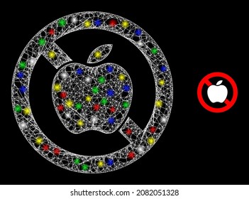 Glossy hatched network stop apple icon with glare effect on a black background. Illuminated multi colored vector constellation created from stop apple icon, with white mesh and colored lightspots.