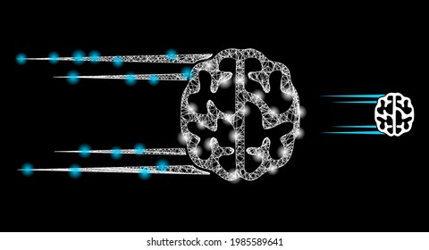 Cerebro rápido con trampas brillantes. Malla plana del cuadro de alambre generada con líneas blancas interseccionadas y un icono del cerebro rápido. Malla blanca y malla de marco brillante precipitan el cerebro sobre un fondo negro.