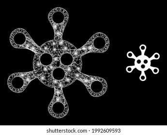 Virus con trampas nasales brillantes. Malla 2D del marco de alambre generada con el cruce de líneas blancas e icono de virus. Virus de malla blanca y malla de marco brillante en un fondo negro.