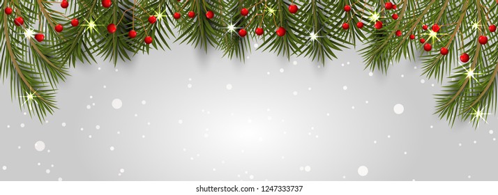 Glossy header or banner design decorated with pine leaves and holly berries with space for your text. 