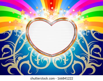 Glossy heart marquee with colorful rainbow and stars shape vector background