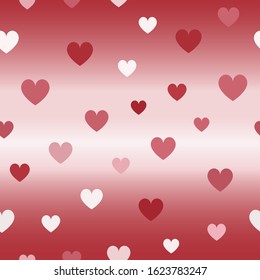 Glossy heart pattern. Seamless vector background - red, rose and pink hearts on glowing backdrop