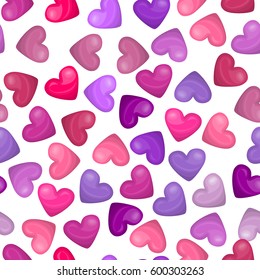 Glossy heart seamless pattern on white background. Vector illustration for sweet holiday design. Cute pink, red, rose heart icons. Valentine day holiday pattern