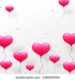 Glossy heart shape balloons flying on confetti background for Valentine Day greeting card design.