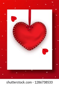 Glossy heart shape hang on white greeting card design for valentine's day celebration.