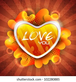 Glossy  heart shape on grungy abstract background with lots of heart shapes, can be use as flyer, banner, gift or greeting card. EPS 10. Vector illustration.