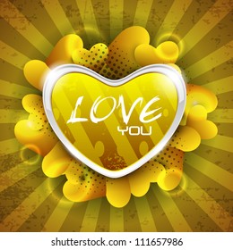 Glossy heart shape on grungy rays background with lots of heart shapes, can be use as flyer, banner, gift or greeting card. EPS 10. Vector illustration.