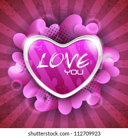Glossy heart shape on grungy rays background with lots of heart shapes, can be use as flyer, banner, gift or greeting card. EPS 10. Vector illustration.