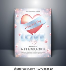 Glossy heart shape with typography of love on pearl decorated background for Valentine's Day template or invitation card.