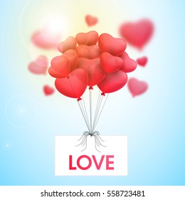 Glossy Heart shaped Balloons binding by Love Banner for Valentine's Day Celebration.