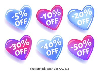 Glossy heart shaped discount stickers for design of advertising banners for web pages and prints, vector stickers with shadow isolated on white background
