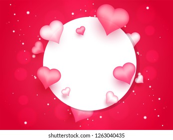 Glossy heart shapes with blank circular frame on red background with space for your message for valentines day.