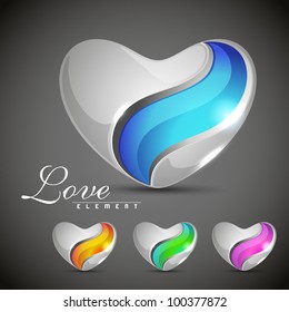 Glossy heart shapes design in blue, yellow, green and pink color isolated on grey background. EPS 10, can be use as label, sticker, tag, button and icon.