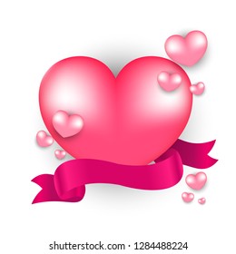 Glossy heart shapes with ribbon on white background for valentine's day celebration.