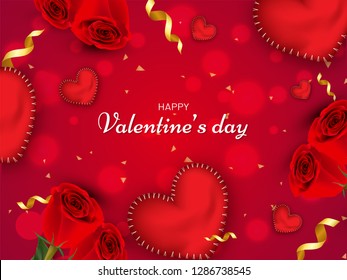 Glossy heart shapes and rose flower decorated red bokeh background with stylish lettering of Valentine's Day. Can be used as greeting card.