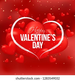 Glossy hearts decorated red backrground with stylish lettering of Happy Valentine's Day. Can be used as greeting card design.