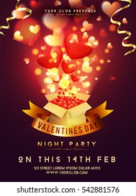 Glossy hearts decorated Template, Banner, Flyer or Invitation Card design for Valentine's Day Night Party celebration.