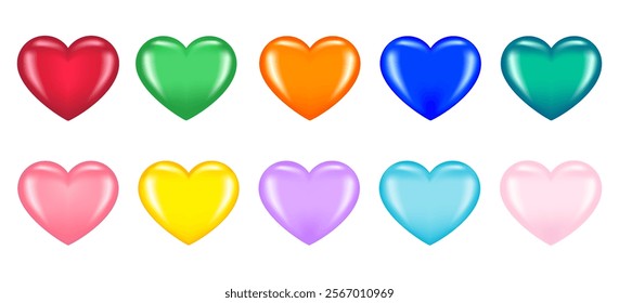 Glossy hearts of different colors isolated on white background. Vector hearts icon set of red, green, yellow, pink, orange, purple, blue, emerald colors. For Valentine's day, wedding, romantic card.