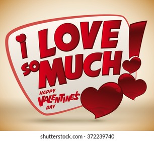 Glossy hearts and exclamation sign with Valentine's Day message.